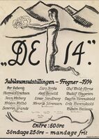 Plakat for «De fjorten» på Jubileumsutstillingen. Grafisk blad av Henrik Sørensen (1914)