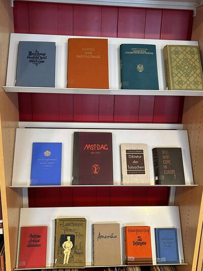 Noen av titlene i spesialsamlingen Det røde bibliotek på Rjukan bibliotek