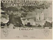 Diplom for Jubileumsutstillingen, utformet av Johannes Kølbel. Foto: Hentet fra Norges jubilæumsutstilling 1914, Kristiania (1914)