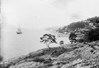 Utsikt fra Drøbak og nordover, med Håøya til venstre. Foto: Marthinius Skøien (1880-1910).