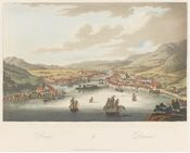 Drammen havn med bybrua. Foto: maleri av John William Edy (1813-1817).