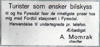 Annonse for drosjebilen til Andreas Momrak 1925