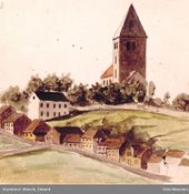 Gamle Aker kirke og Telthusbakken, malt av Edvard Munch i 1877. Kilde: Oslo Museum.
