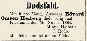 Edvard Omsen Heiberg dødsannonse 1884.jpg