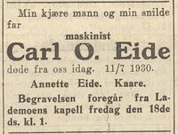 Dødsannonse over Karl Oskar Eide, i Dagsposten, 1930