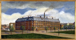 Maleri utført av Jens Wang av fabrikkbygningen i Middelthuns gate til Maskinhallen under Jubileumsutstillingen på Frogner 1914. Foto: Norsk Teknisk Museum