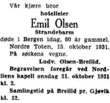 Emil Olsens dødsannonse i Aftenposten, 19. oktober 1931.