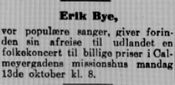 Faksimile av notis i Aftenposten 6. oktober 1913 om en kommende konsert av Erik Ole Bye. Foto: Stig Rune Pedersen