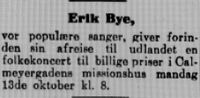Faksimile av notis i Aftenposten 6. oktober 1913 om en kommende konsert av Erik Ole Bye. Foto: Stig Rune Pedersen