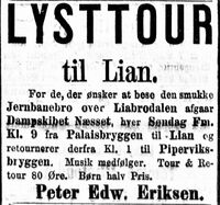 Annonse i Aftenposten 13. juli 1878 om utflukt for å bese den nye brua. Foto: Stig Rune Pedersen