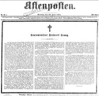Faksimile fra Aftenpostens forside 9. juni 1884: Frederik Stangs død.