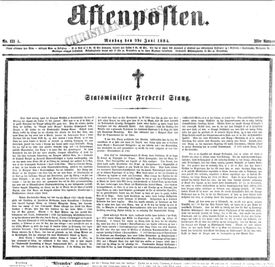 Faksimile fra Aftenpostens forside 9. juni 1884: Fyldig nekrolog over Frederik Stang.
