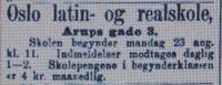 Faksimile Aftenposten 14.08.1886: Annonse for Oslo latin- og realskole i Arups gate 3.