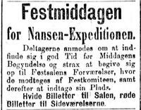 Faksimile fra Aftenposten 9. september 1896: Informasjonsannonse om festmiddagen i Gamle Logen for den første Fram-ekspedisjonen dagen etter.