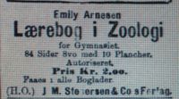 Faksimile fra Aftenposten 5. september 1902: Annonse for lærebok i zoologi av Emily Arnesen (1867–1928), den tredje norske kvinne med doktorgrad.