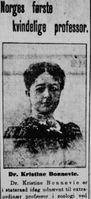 Faksimile Aftenposten 4. juli 1912: Omtale av at Kristine Bonnevie er utnevnt til professor.
