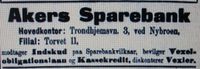 Faksimile Aftenposten 4. juli 1912: Annonse for Akers Sparebank, da med adresse Trondheimsveien 3.