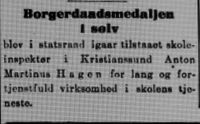 Faksimile Aftenposten 1913: Notis om Borgerdådsmedaljen til Hagen.