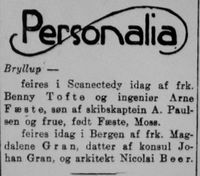 Faksimile Aftenposten 16.02.1916: Kunngjøring om Beers bryllup samme dag.