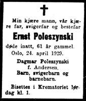 Dødsannonse for Poleszynski i Aftenposten 25. april 1929.