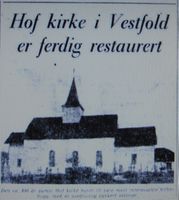 Faksimile fra Aftenposten 19. sept. 1958: omtale av restauringen av Hof kirke.