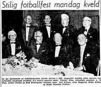 Faksimile Aftenposten 2. mai 1962: Feiring av Fotballforbundet 60 år, Wexelsen-Freihow foran t.h. Foto: Stig Rune Pedersen