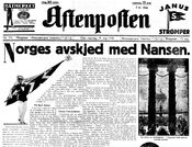 Faksimile fra Aftenpostens forside 19. mai 1930: Fridtjof Nansens bisettelse.