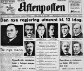 Faksimile fra Aftenpostens forside 19. mars 1935: Utnevnelsen av regjeringen Nygaardsvold.