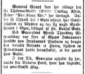 Faksimile fra Aftenposten 22. juli 1878, utsnitt av omtale av Ulysses S. Grants besøk på Kongsberg.