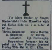 Faksimile fra Aftenposten 24. mai 1898; dødsannonse for Holm Hansen Munthe.