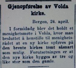 Notis i Aftenposten 25. april 1929 om gjenoppføringa av Volda kyrkje.