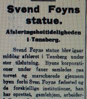 Faksimile Aftenposten 7. juni 1915: Omtale av avdukningen av Foyn-statuen i Tønsberg.