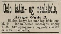 Faksimile Dagbladet 16.08.1886: Annonse for Oslo latin- og realskole i Arups gate 3.