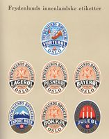 Faksimile av etiketter fra 1959. Foto: Faksimile fra boken "Frydenlunds bryggeri 100 år" (1959)