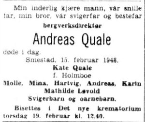 Faksimile dødsannonse Andreas Quale 1948.JPG