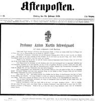 Faksimile fra Aftenpostens forside 1. februar 1870: Anton Martin Schweigaards død.