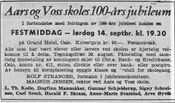 Faksimile av invitasjon til Aars og Voss skoles 100-årsjubileumsfest i 1963, hvor Mannsåker var med i jubileumskomiteen.