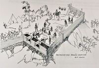 Fantasiskisse av Bakås. Hovedskansens vestre flanke med tømmer på steinmur. Kjeld Magnussen.