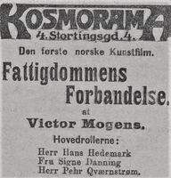 Annonse for filmen Fattigdommens forbandelse på Kosmorama. Fra Dagbladet 8. oktober 1911.