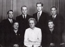 Fellesutvalget for sang og musikk i Skedsmo 1946-1949. Bak står Paul Aunås til venstre, Kjell Thon nr. 3. Lederen Hjørdis Omholt i midten foran.