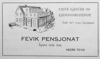 1953: Fevik pensjonat annonserer i Fevik vels turistbrosjyre.