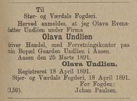 Registrering av firma. Norsk Kundgjørelsestidende 6. juni 1891.