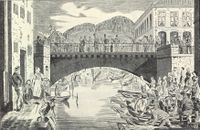 Vaterlands bru etter at den ble modernisert, ca 1860. Foto: Tegnet av W. Bergstrøm