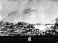 Fjøsanger med Gamlehaugen bak, Nyhaugen (Lille Fjøsanger) foran og Fjøsanger hovedgård til venstre. Foto: Norsk Teknisk Museum (1812).