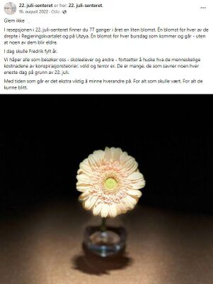 Skjermdump 22. juli-senterets Facebookside (2022).