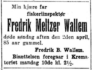 Fredrik Meltzer Wallem dødsannonse Aftenposten 1922.JPG