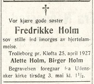 Fredrikke Holm dødsannonse 1927.jpg