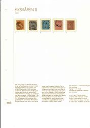 Frimerker Riksvåpen II fra 1863, med beskrivelse.