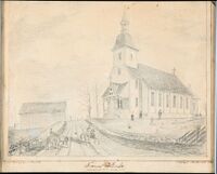 Tegning av Frogn kirke av Wilhelm von Hanno. Kirken ble innviet i 1859. Foto: Digitaltmuseum.no