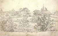 Frogner hovedgård 1827. Tegning av Mathias Wilhelm Eckhoff